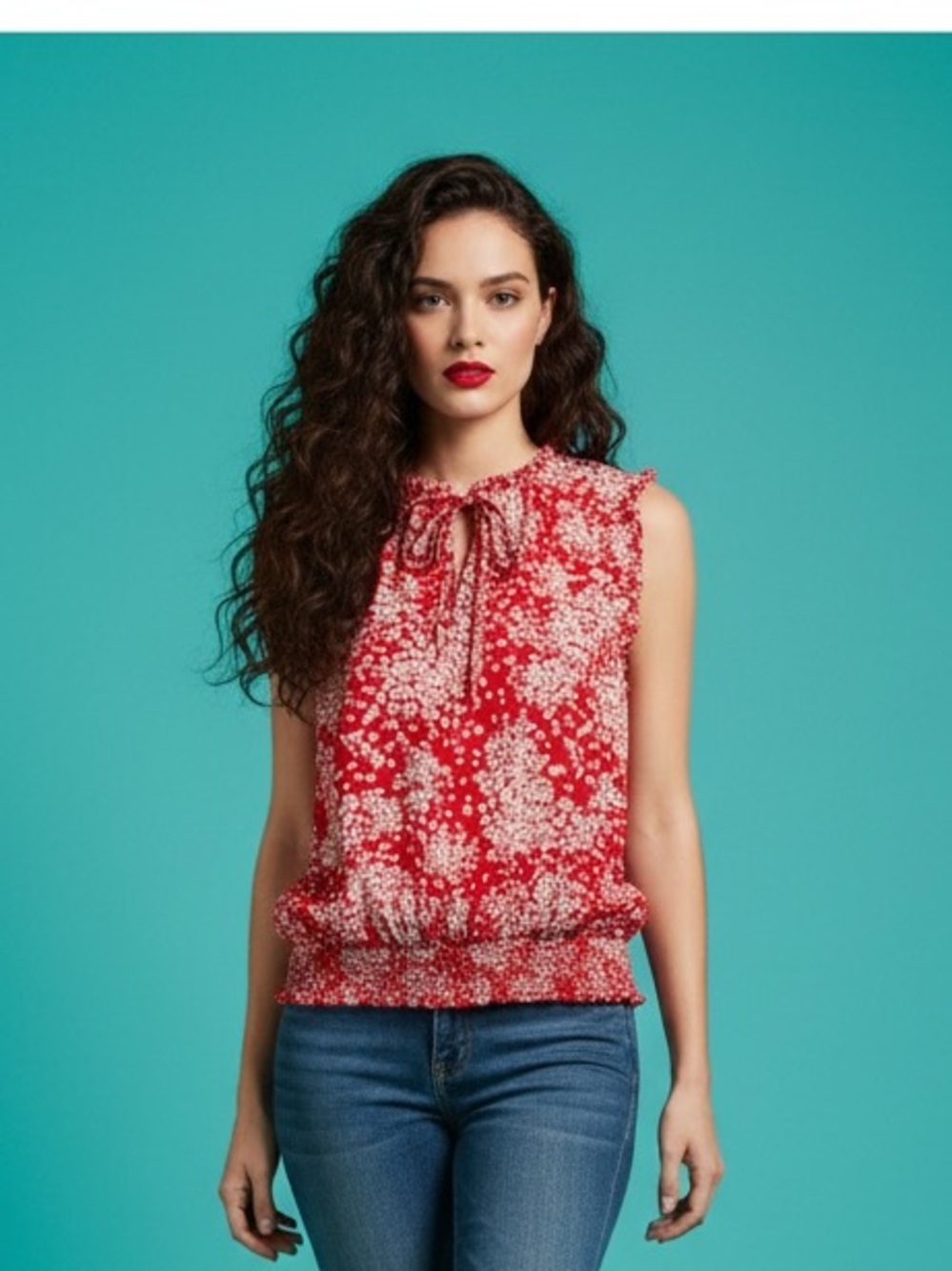 Point Zero Red White Dainty Floral Feminine Blouse Size XL